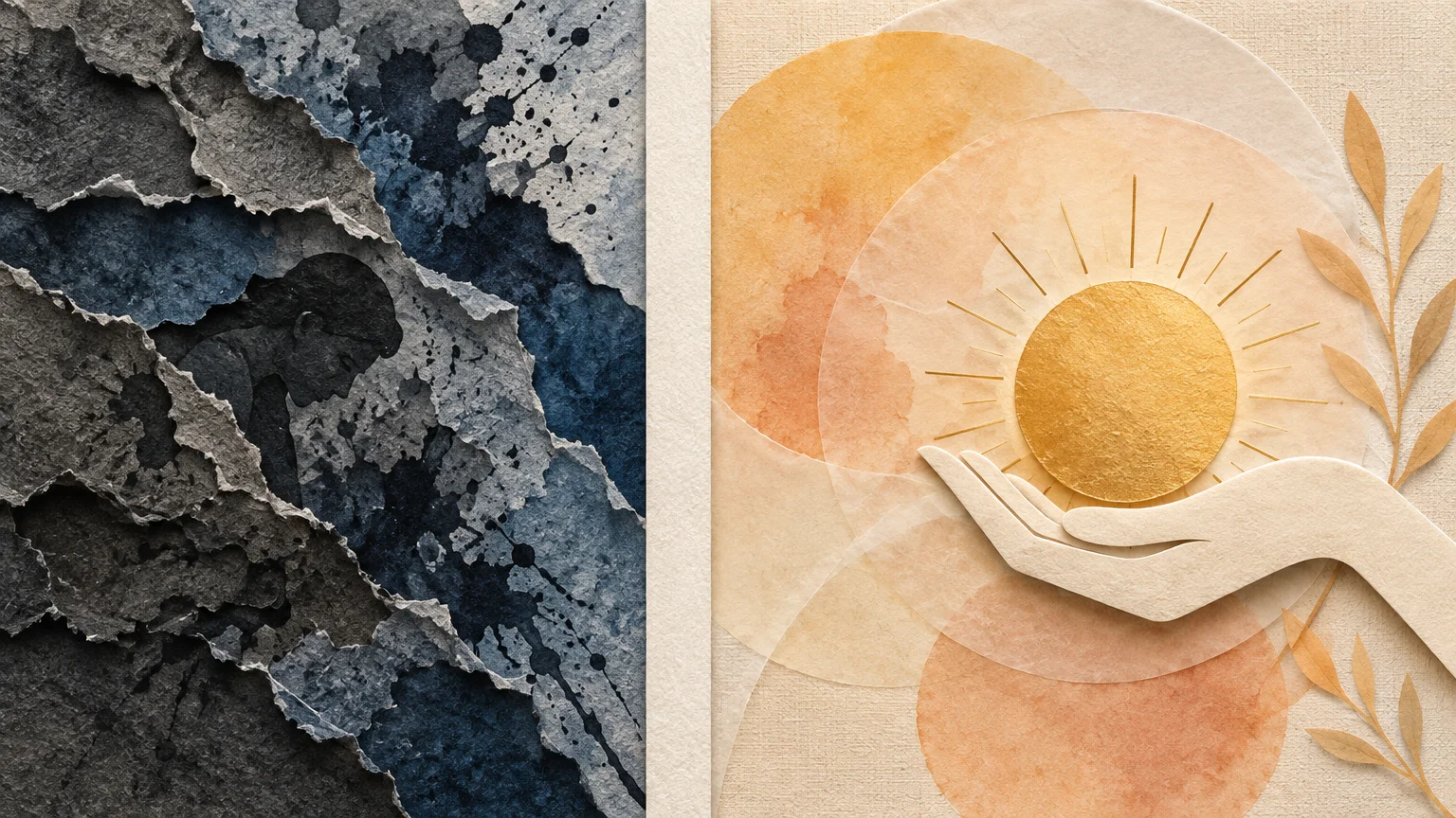 Split paper collage showing dark torn layers with a bowed silhouette beside a paper hand holding a radiant golden sun.