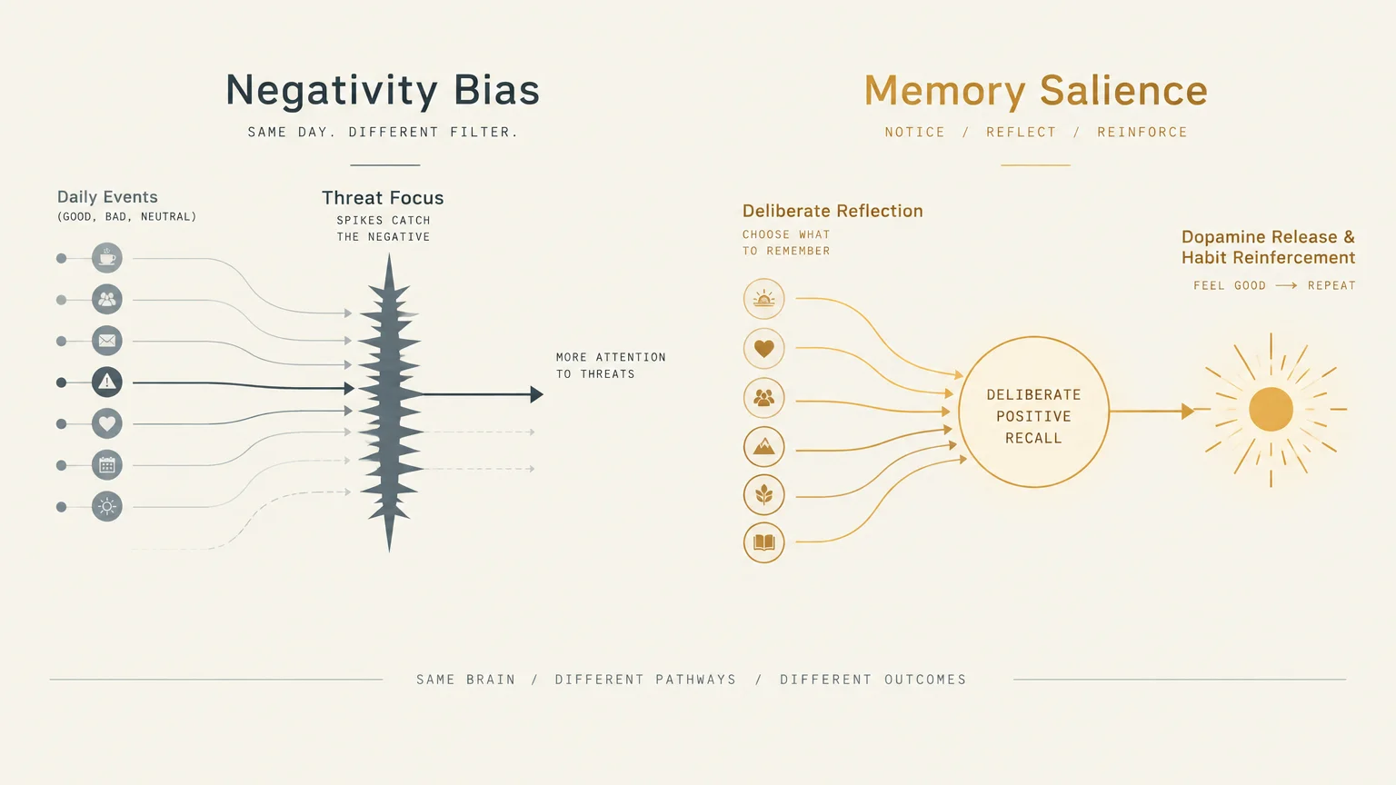 Diagram comparing negativity bias filtering for threats against deliberate positive recall leading to habit reinforcement.
