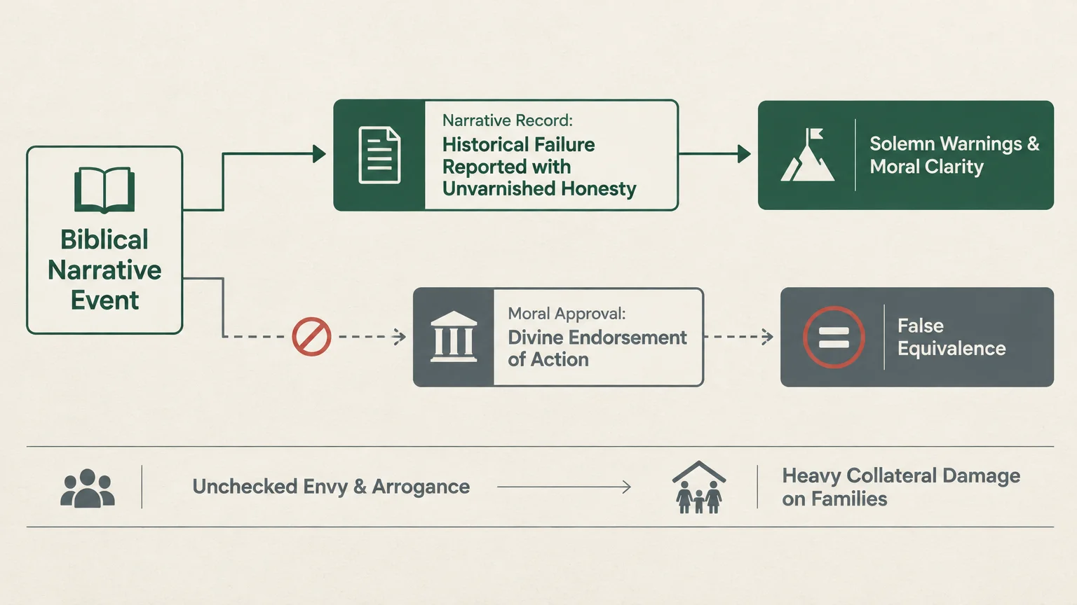 Flowchart contrasting a biblical narrative record of historical failure against moral approval, noting false equivalence.