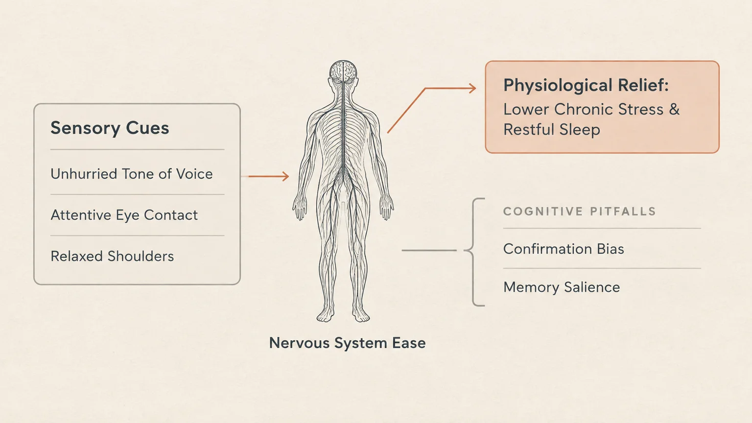 Diagram of human nervous system linking sensory cues to physiological relief, contrasting with cognitive pitfalls.