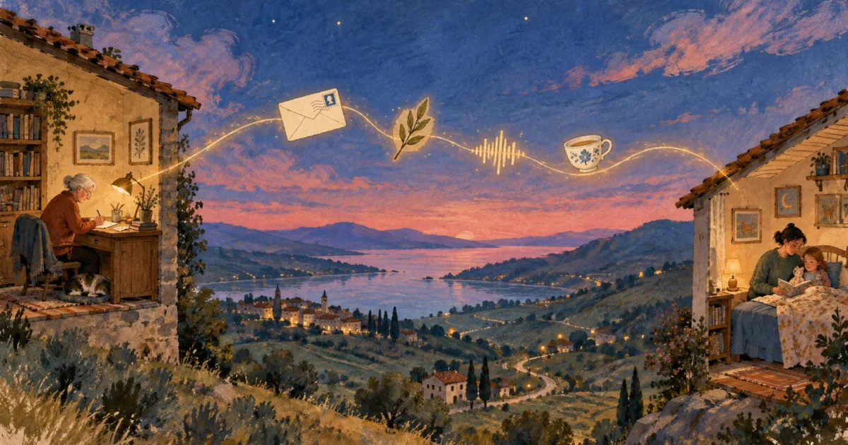 Illustration of two hillside homes connected across a sunset valley by a glowing line with letter and teacup icons.