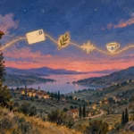 Illustration of two hillside homes connected across a sunset valley by a glowing line with letter and teacup icons.