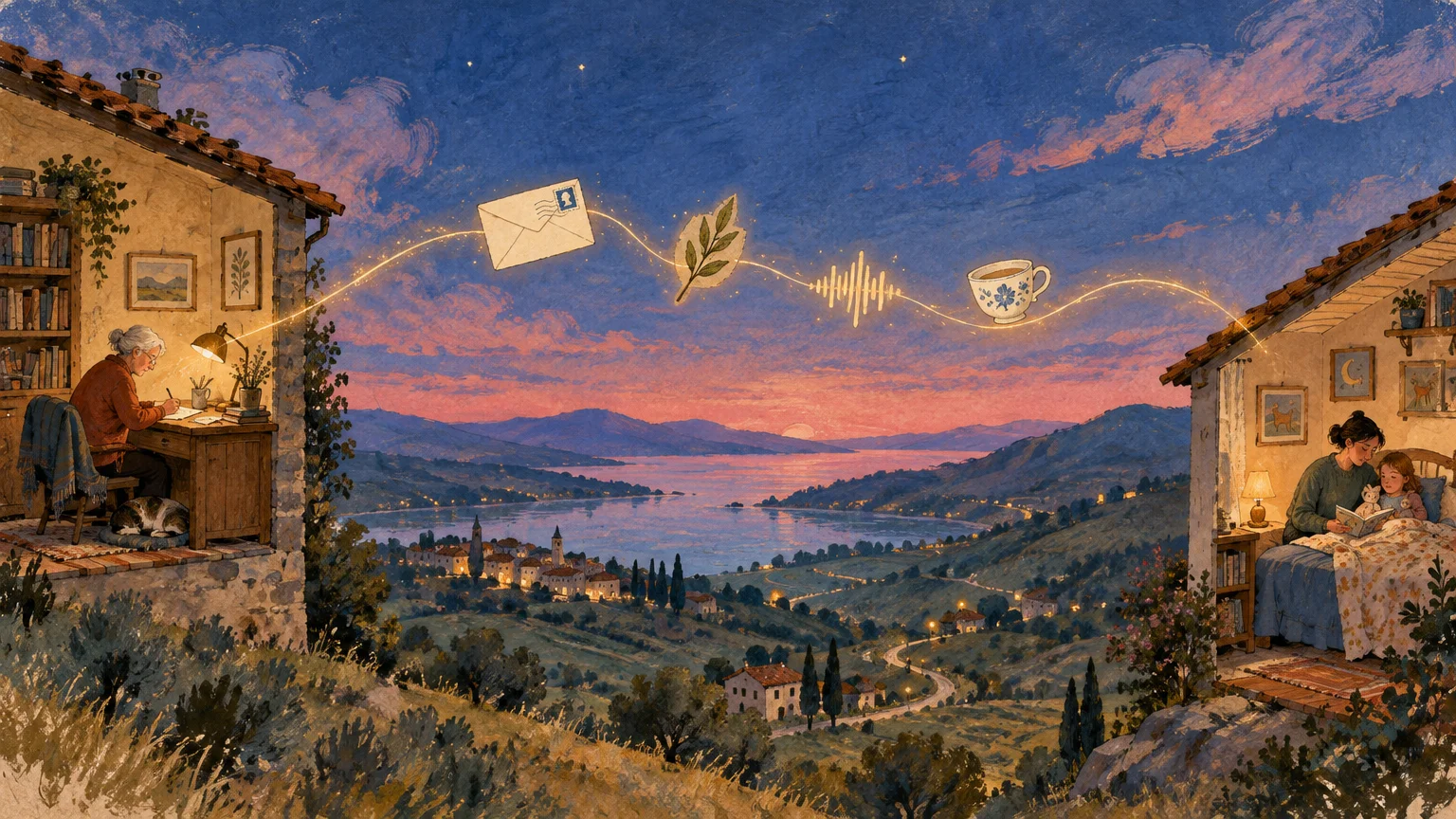 Illustration of two hillside homes connected across a sunset valley by a glowing line with letter and teacup icons.