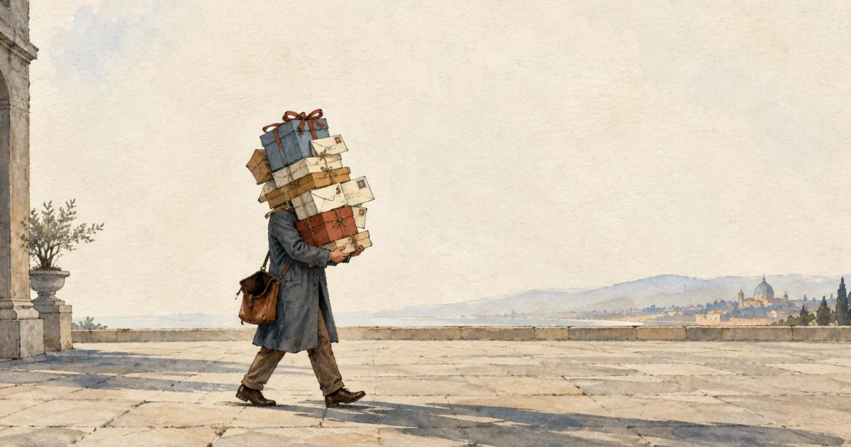 Watercolor illustration of a man walking on a stone terrace while carrying a huge stack of packages and letters.