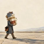Watercolor illustration of a man walking on a stone terrace while carrying a huge stack of packages and letters.