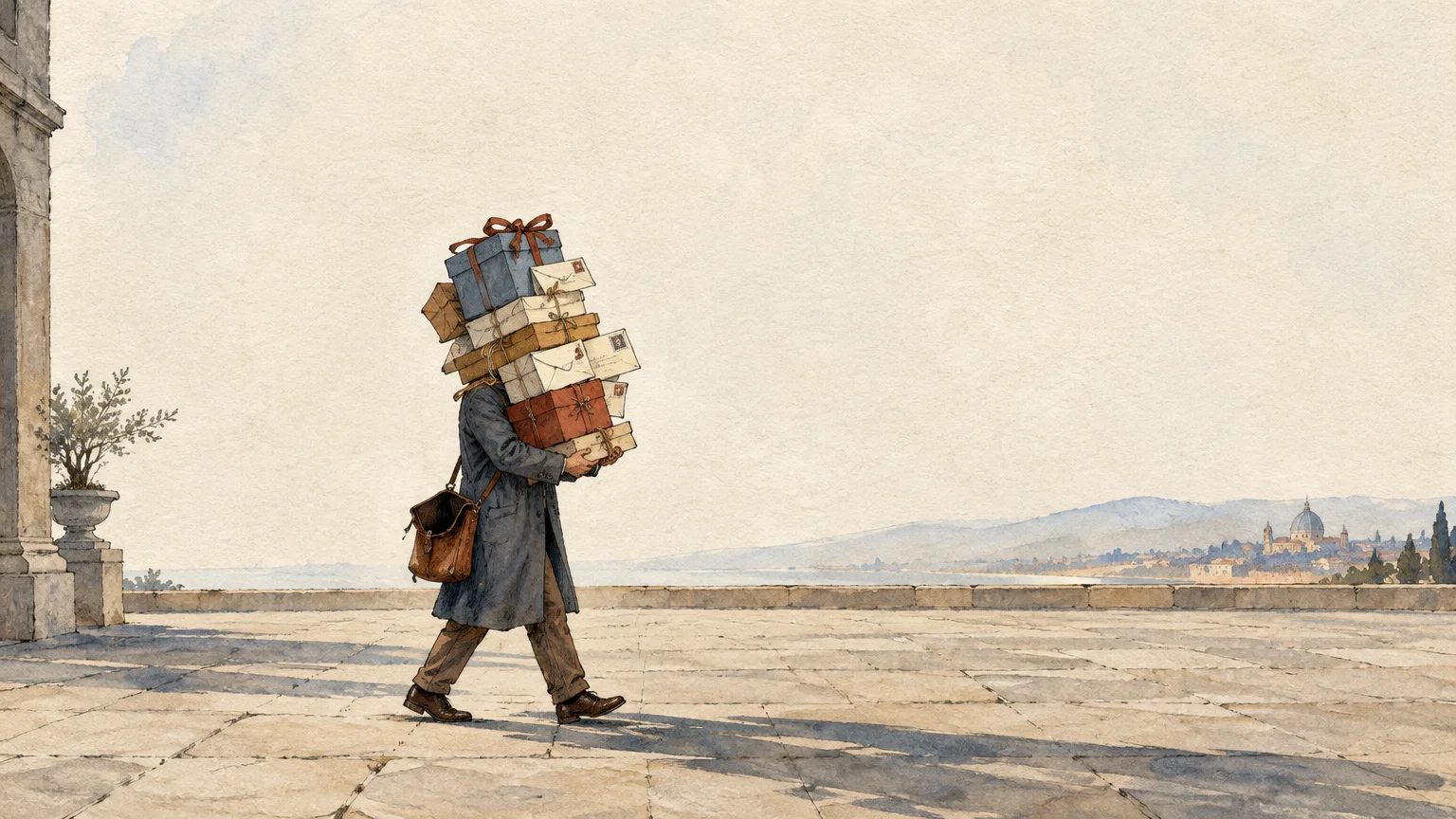 Watercolor illustration of a man walking on a stone terrace while carrying a huge stack of packages and letters.