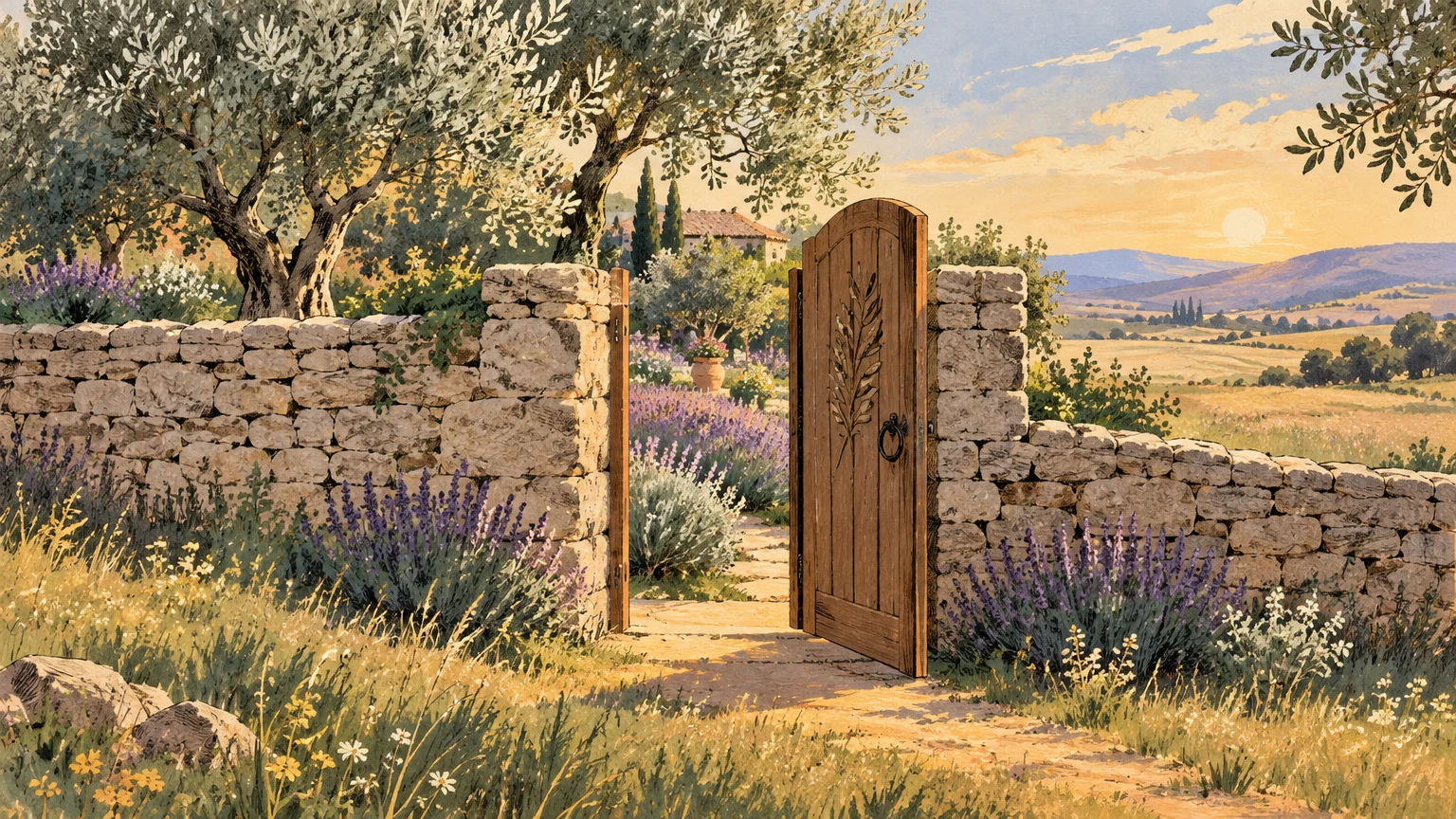 Open wooden gate in a rustic stone wall surrounded by lavender bushes and olive trees overlooking rolling fields at sunset.