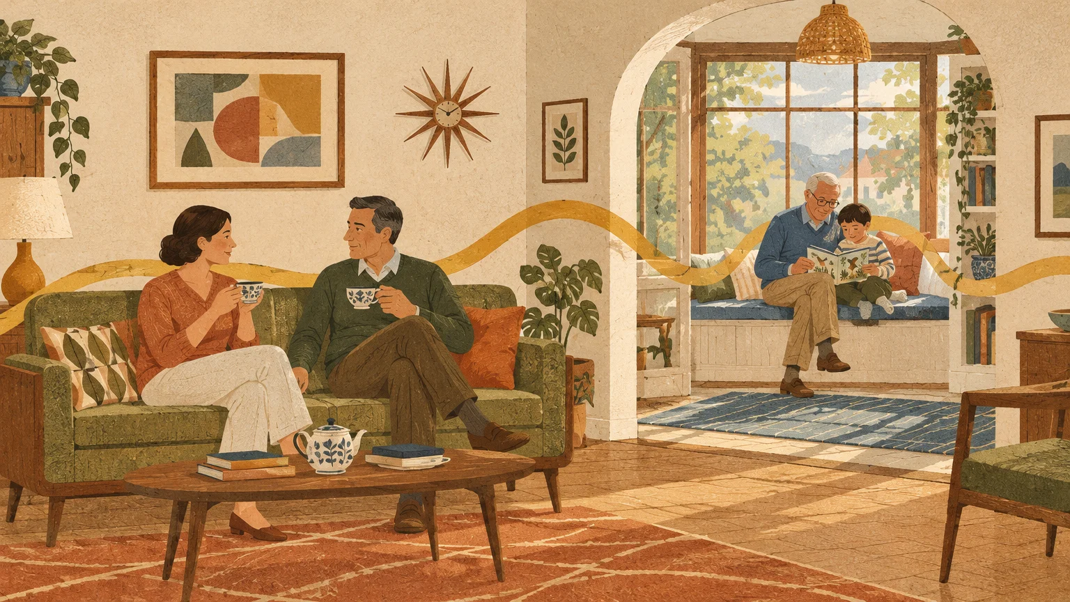 Illustration of parents having tea on a couch while a grandfather reads a book to a child in a sunny window nook.