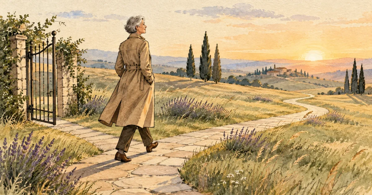 Watercolor illustration of a senior woman in a trench coat walking along a stone path through rolling countryside at sunset.