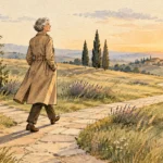 Watercolor illustration of a senior woman in a trench coat walking along a stone path through rolling countryside at sunset.