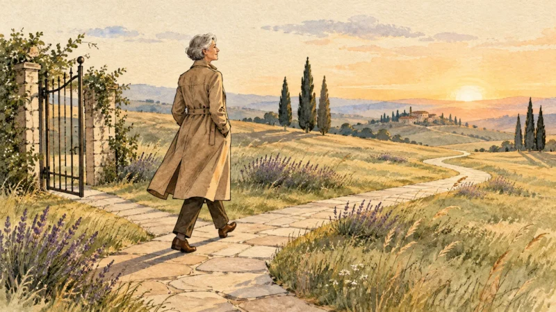 Watercolor illustration of a senior woman in a trench coat walking along a stone path through rolling countryside at sunset.