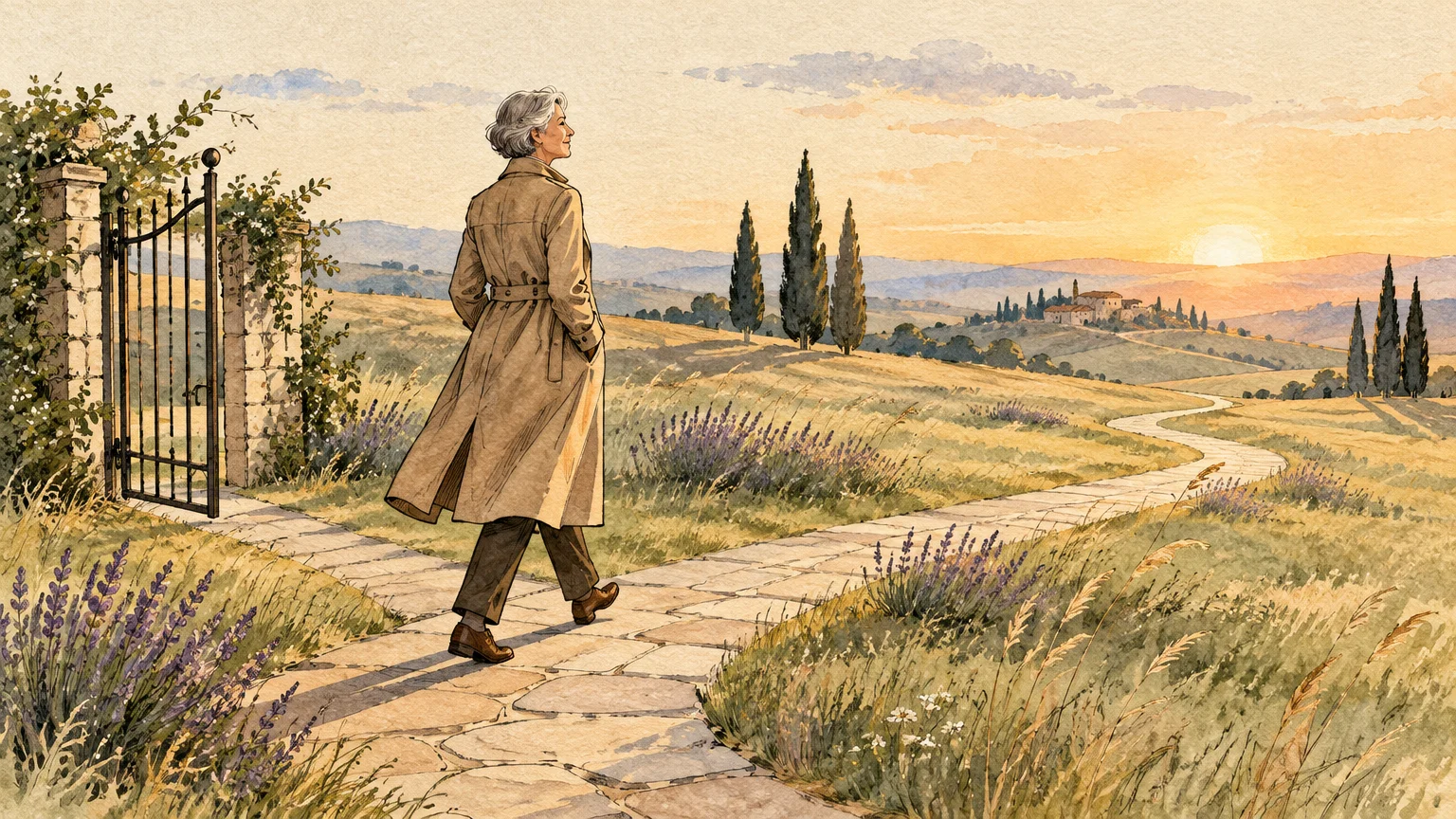 Watercolor illustration of a senior woman in a trench coat walking along a stone path through rolling countryside at sunset.