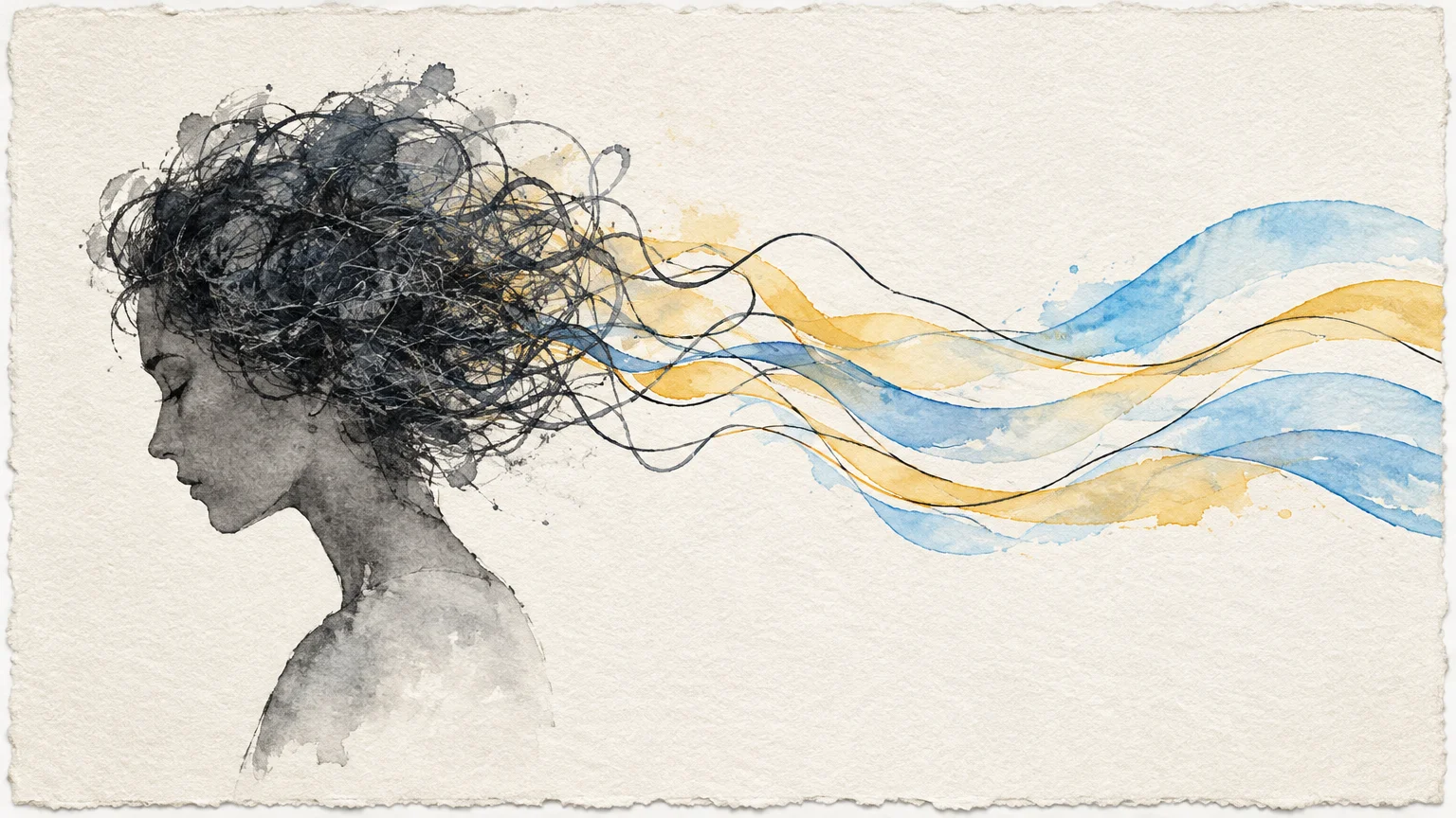 Watercolor illustration of a woman in profile whose tangled hair unravels into flowing blue and yellow ribbons.