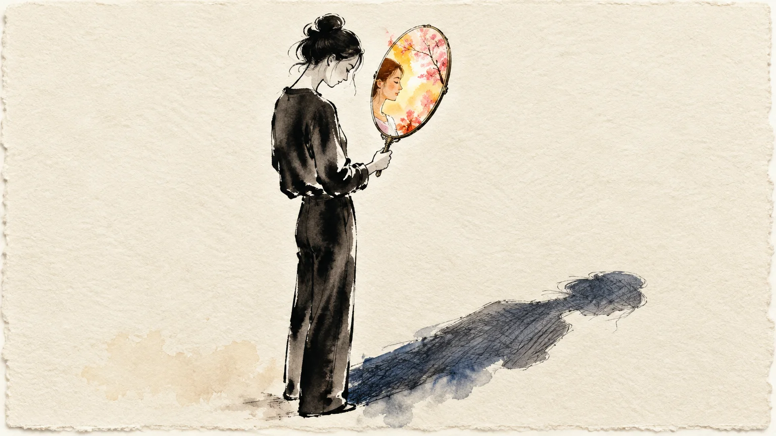 Ink wash illustration of a woman looking down into a hand mirror reflecting a bright portrait with pink blossoms.