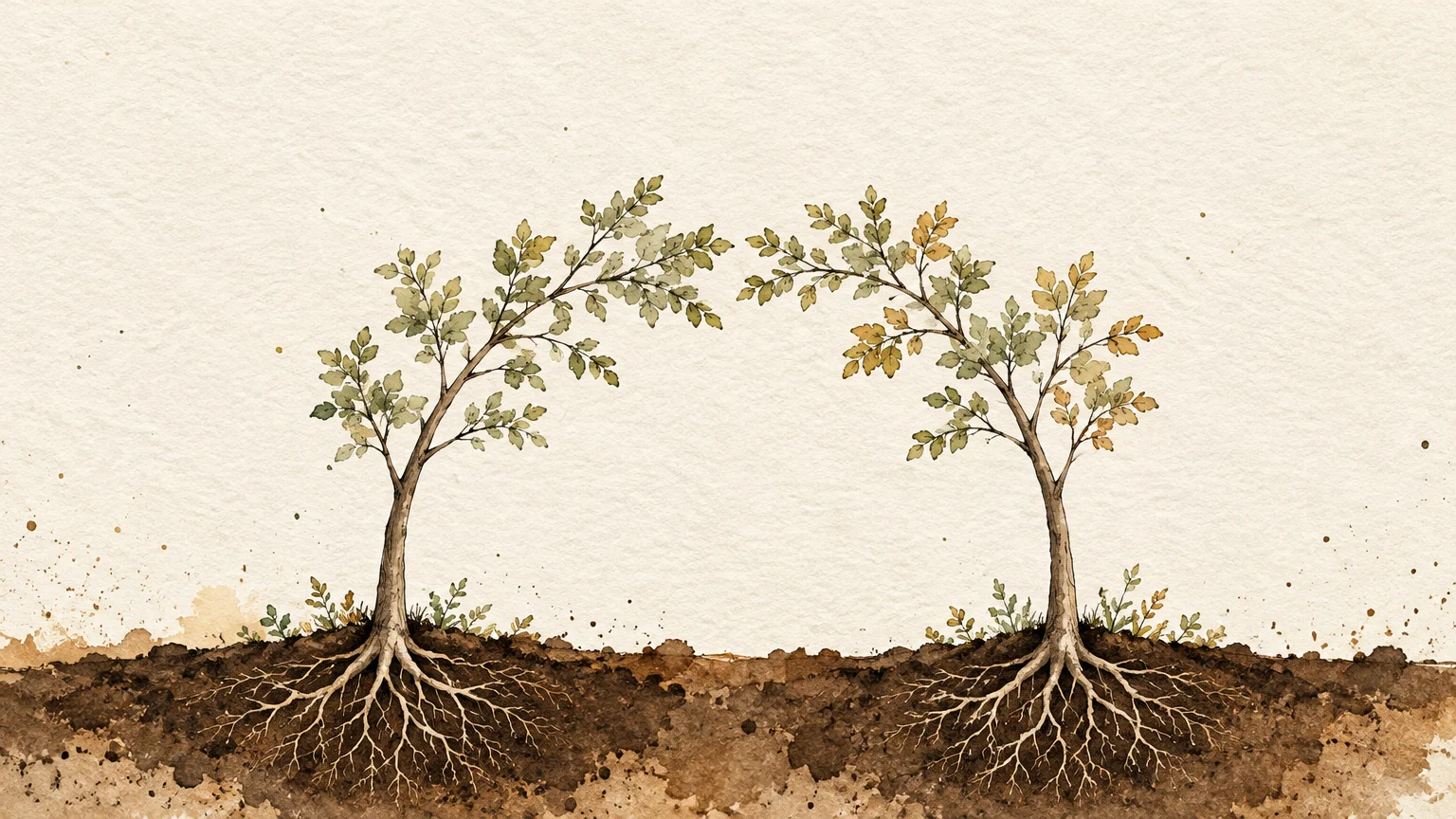 Watercolor illustration of two trees growing apart with roots in soil and branches curving toward each other.
