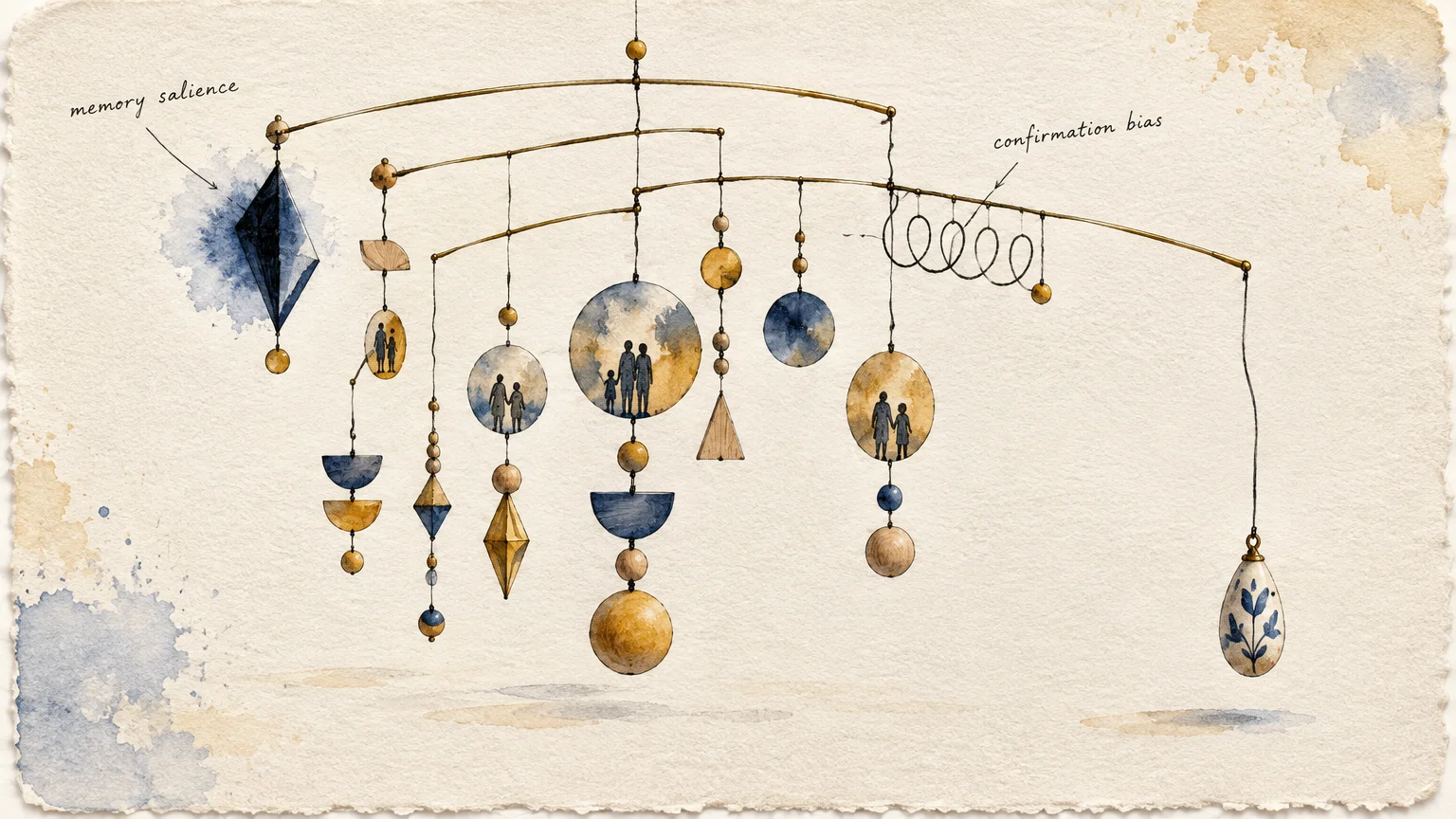 Watercolor illustration of a balanced kinetic mobile with hanging geometric shapes, silhouettes, and text annotations.
