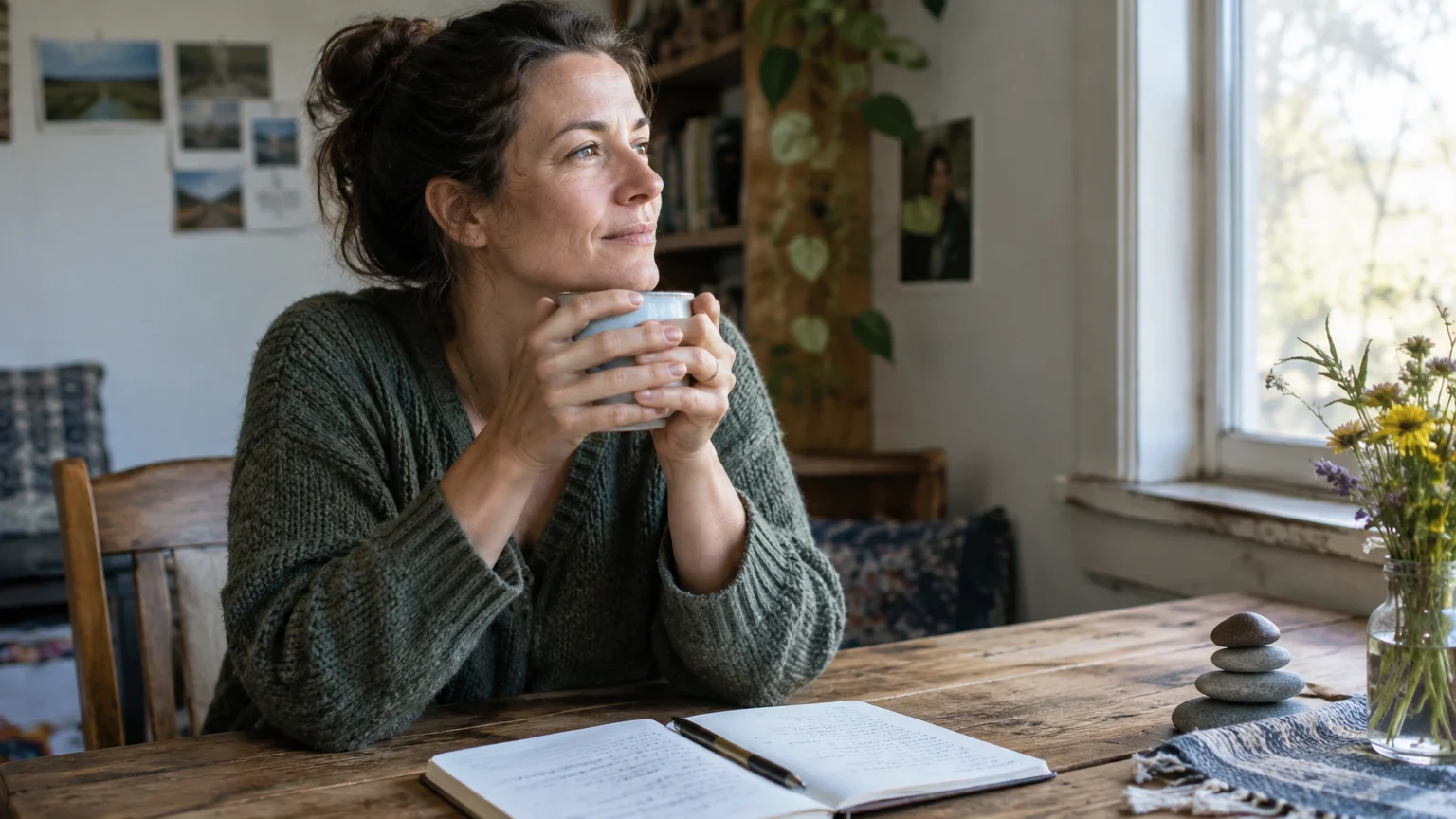 Woman holding a mug and looking out a window while sitting at a wooden table with an open journal.
