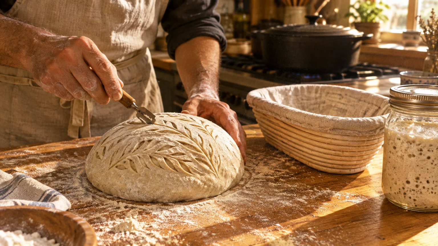 A baker scoring a decorative wheat stalk pattern onto round bread dough on a floured wooden table.