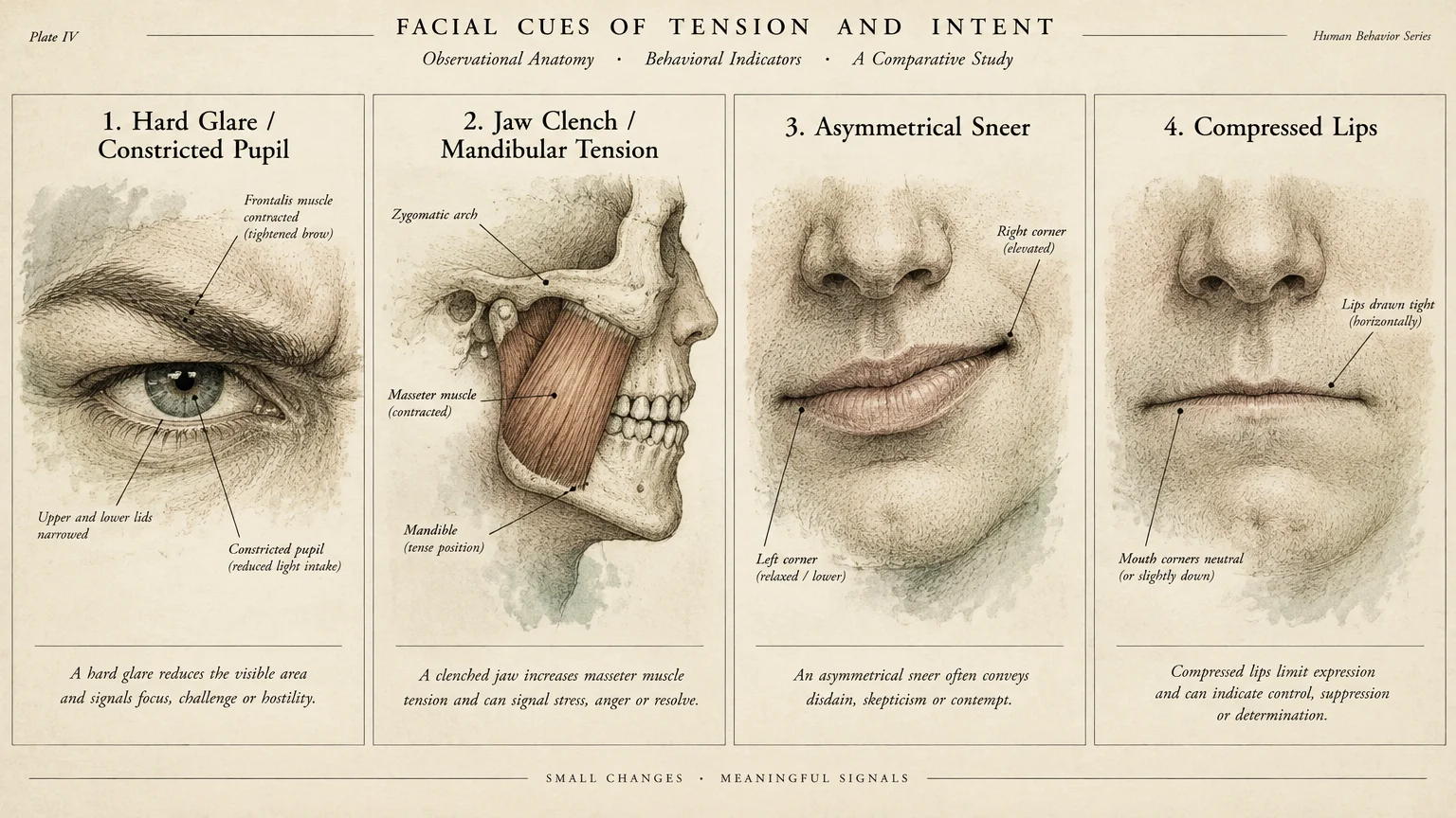 Four-panel anatomical diagram showing a hard glare, jaw clench, asymmetrical sneer, and compressed lips with labels.