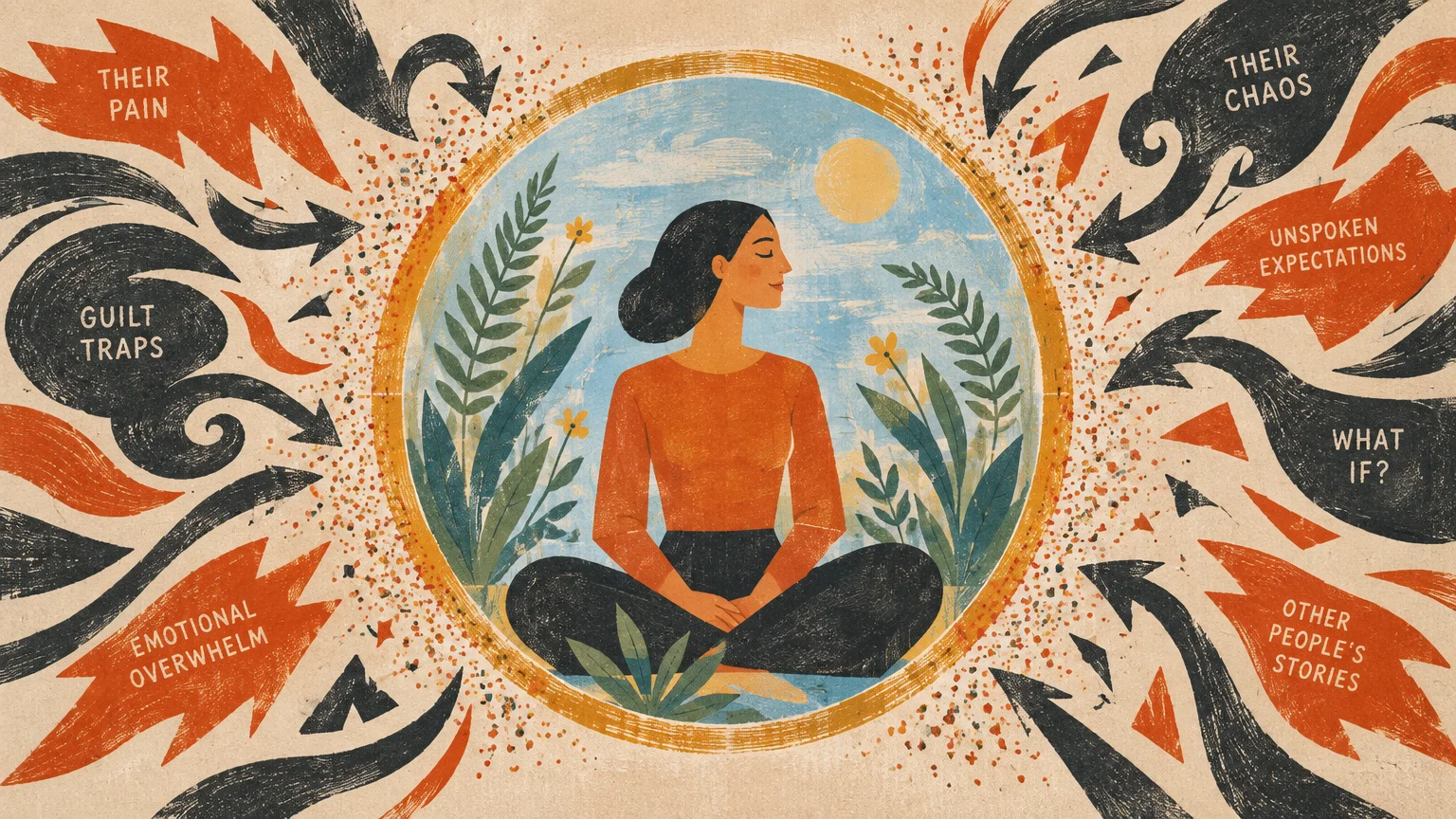 Woman meditating inside a calm circular bubble surrounded by chaotic arrows labeled with emotional stressors.