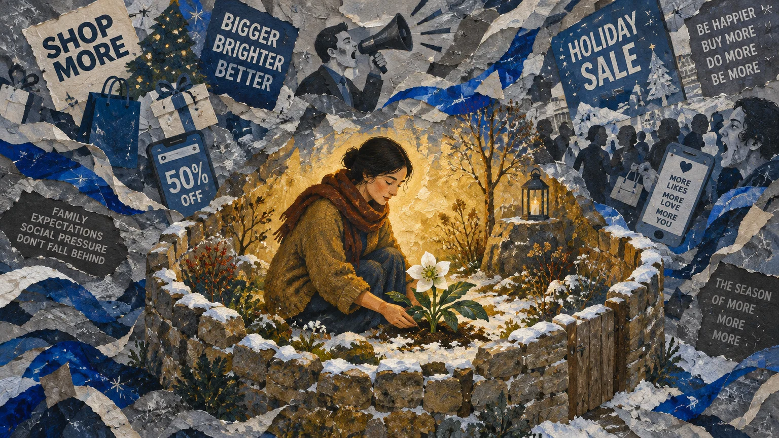Collage illustration of a woman tending a glowing white flower inside a stone wall surrounded by holiday sale signs.