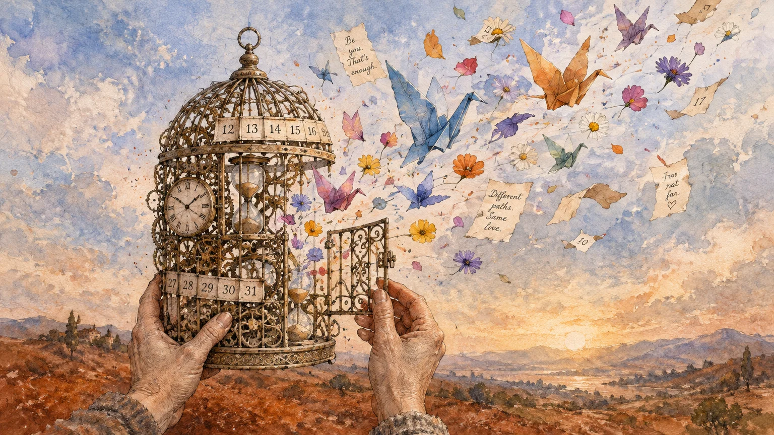 Hands opening an ornate clockwork cage, releasing origami cranes, flowers, and handwritten notes into a sunset sky.