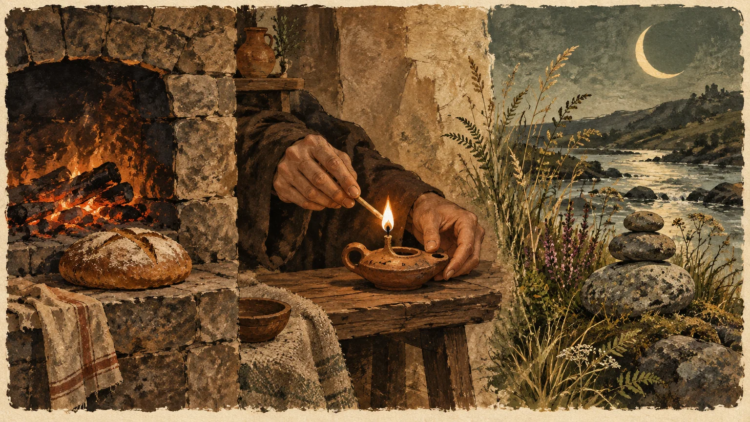Hands light an oil lamp near a stone hearth with baked bread, beside an outdoor night riverbank with a crescent moon.