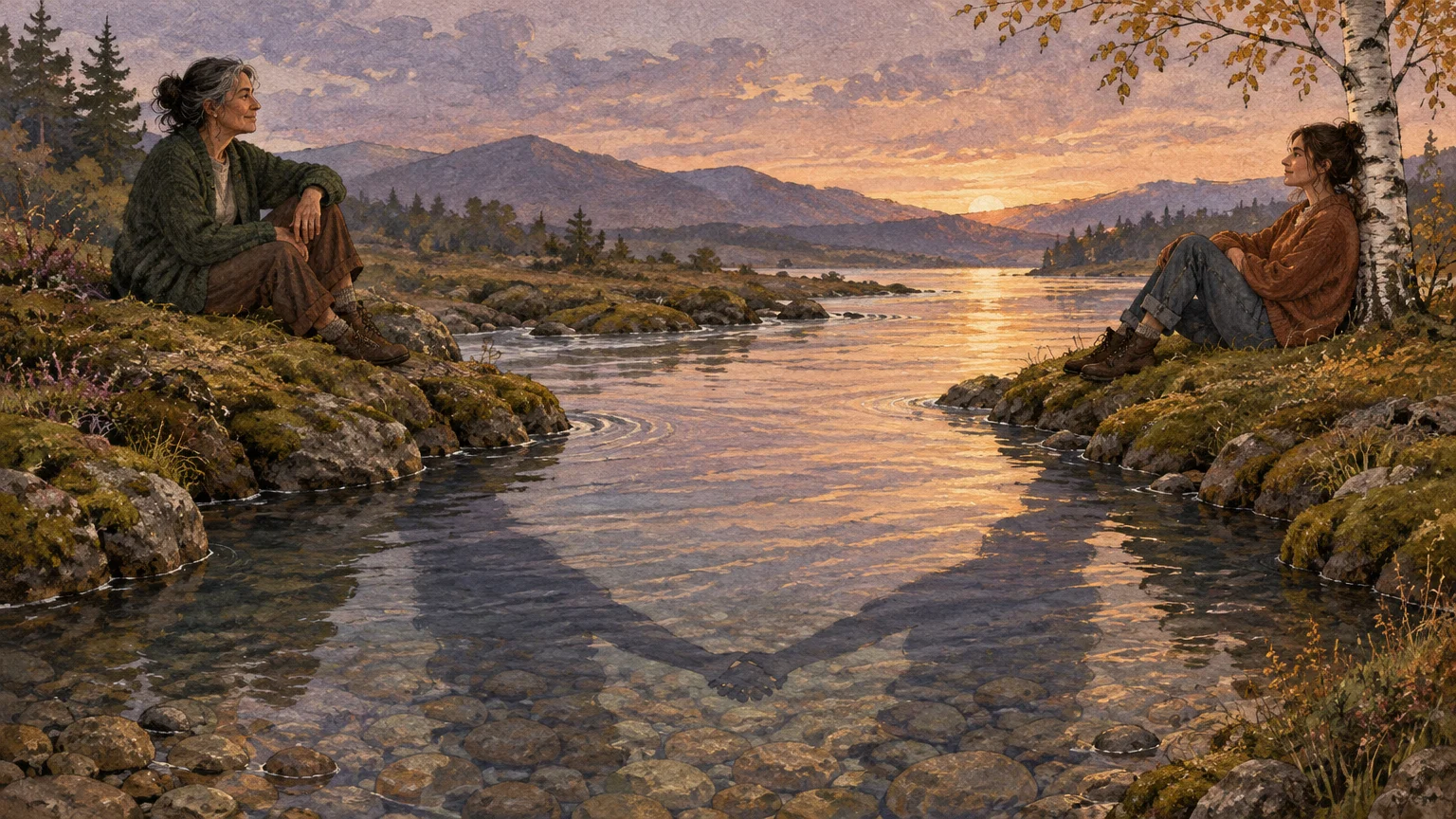 Two women sit on opposite riverbanks at sunset, while their shadows in the shallow water reach out and hold hands.