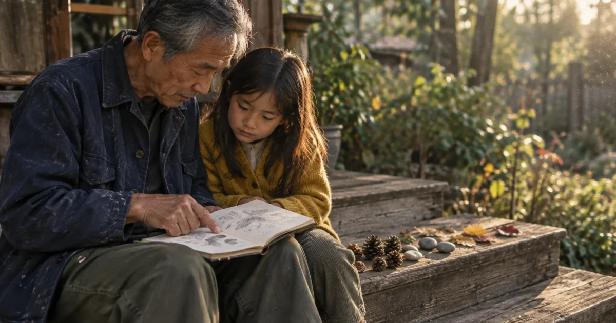 An older Asian man and young girl sit on rustic wooden steps outdoors, reading a sketchbook together.