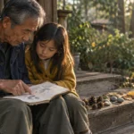An older Asian man and young girl sit on rustic wooden steps outdoors, reading a sketchbook together.