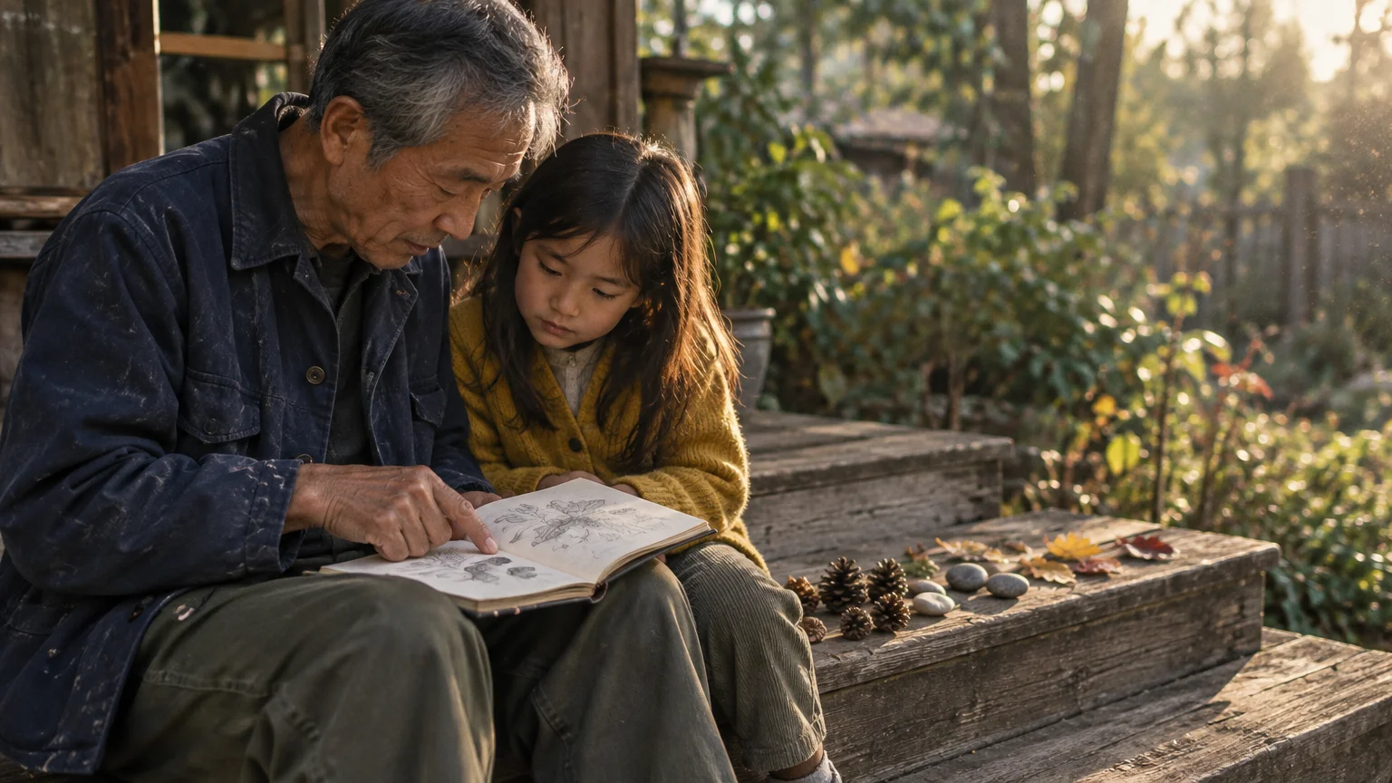 An older Asian man and young girl sit on rustic wooden steps outdoors, reading a sketchbook together.