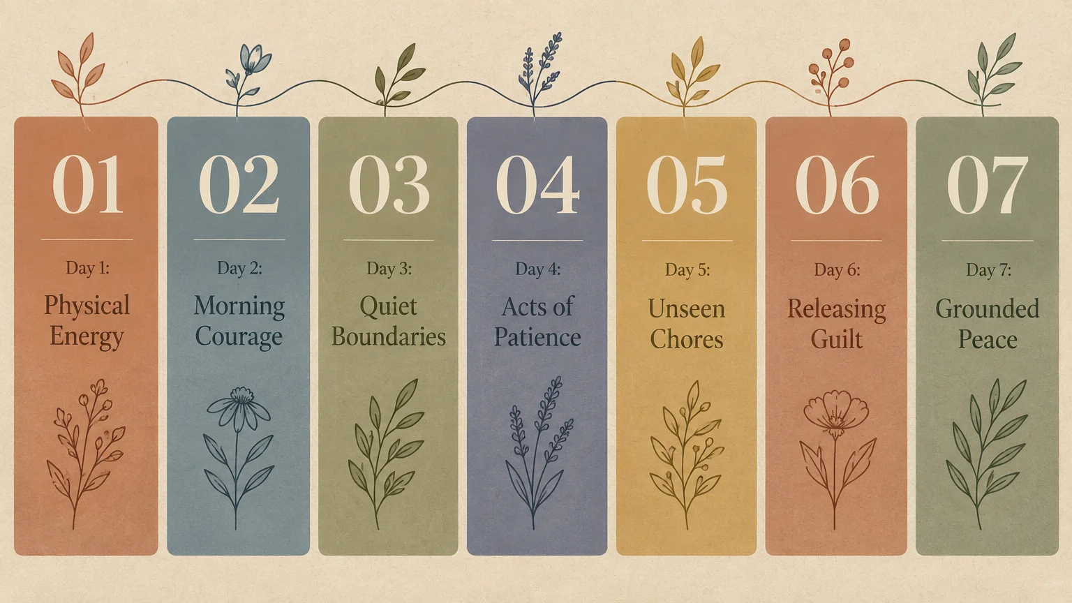 Diagram of seven vertical colored cards numbered 01 to 07 with botanical illustrations and daily theme labels.