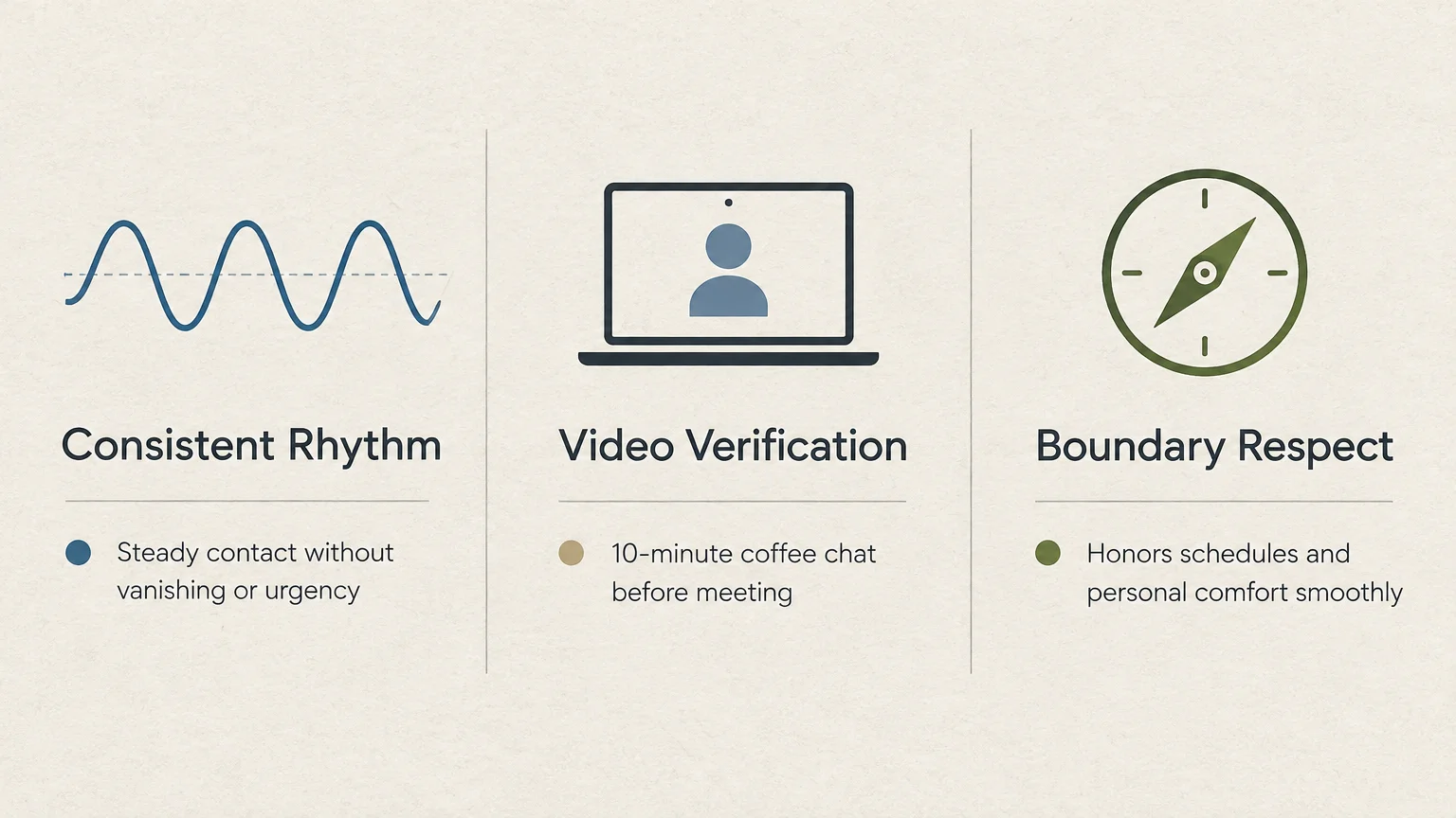 Infographic showing three dating evaluation steps: Consistent Rhythm with a wave, Video Verification with a laptop, and Boundary Respect.