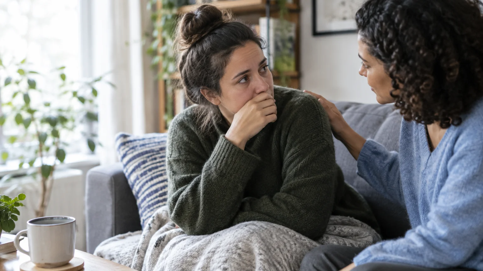 A woman comforts her tearful friend sitting on a sofa wrapped in a blanket.