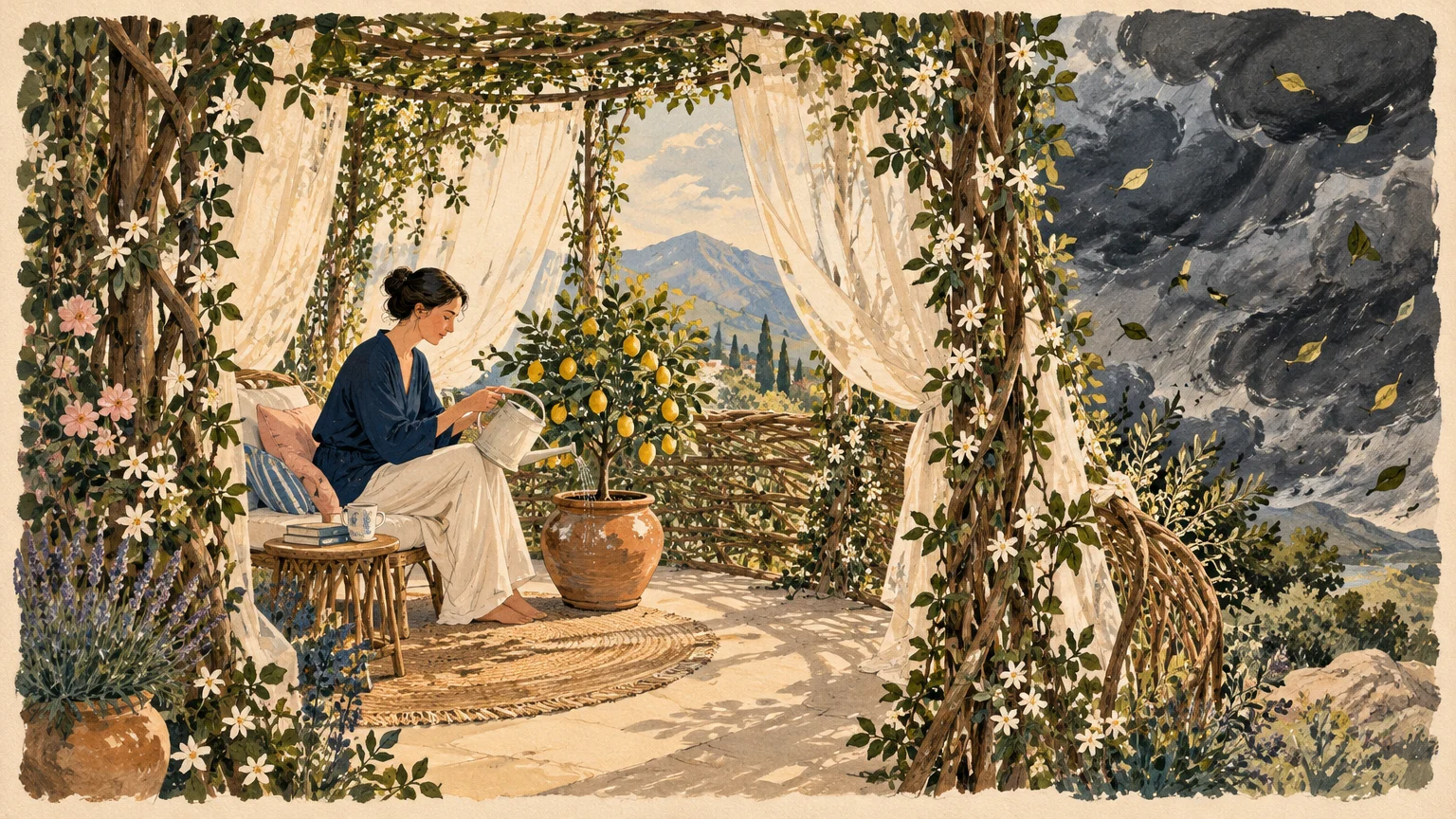 Illustration of a woman watering a potted lemon tree under a sunny pergola beside a stormy dark sky.