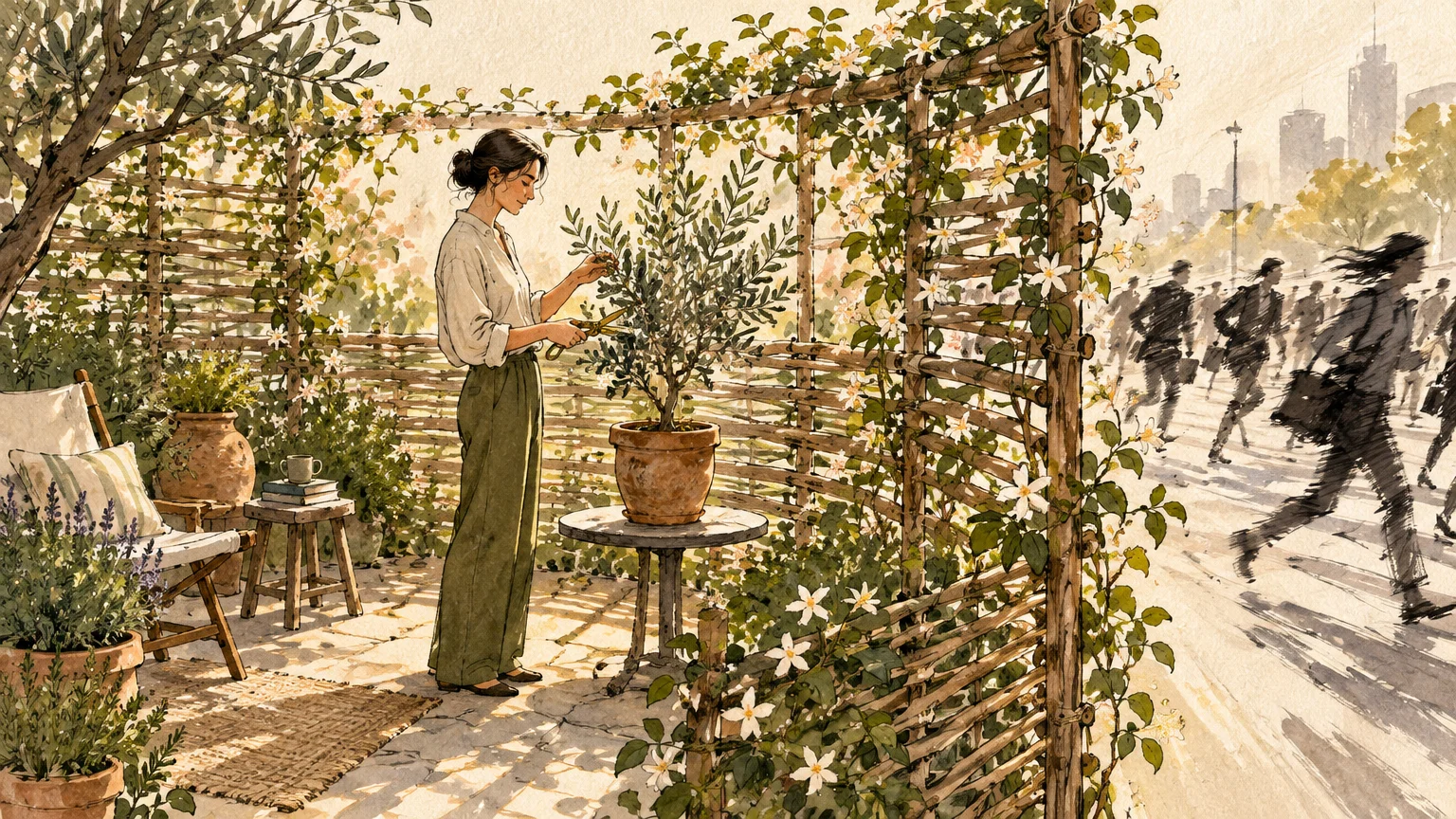 Illustration of a woman peacefully pruning a potted plant on a private patio separated by a trellis from a rushing crowd.
