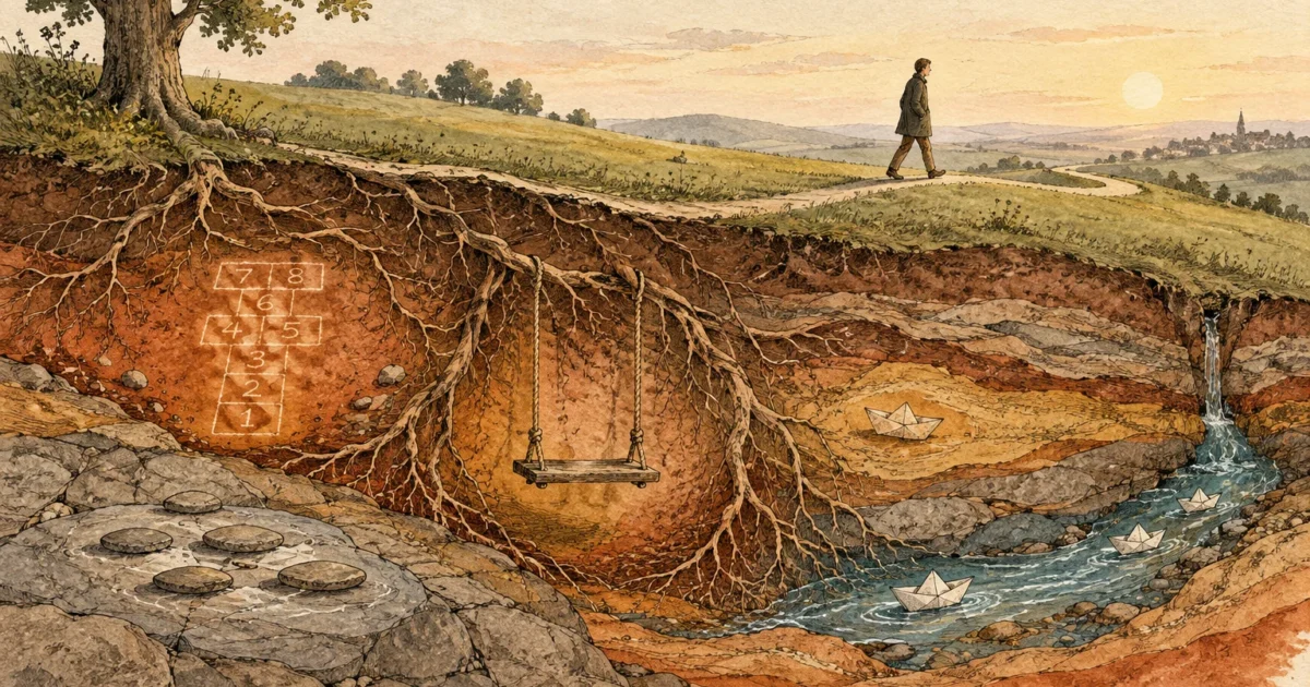 Illustration of a man walking above ground, while underground layers reveal tree roots, a swing, hopscotch, and paper boats.