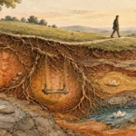 Illustration of a man walking above ground, while underground layers reveal tree roots, a swing, hopscotch, and paper boats.