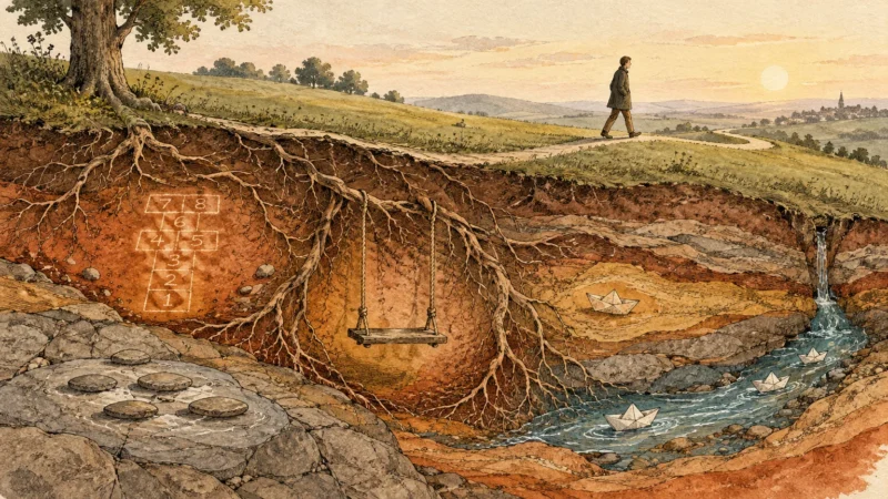 Illustration of a man walking above ground, while underground layers reveal tree roots, a swing, hopscotch, and paper boats.