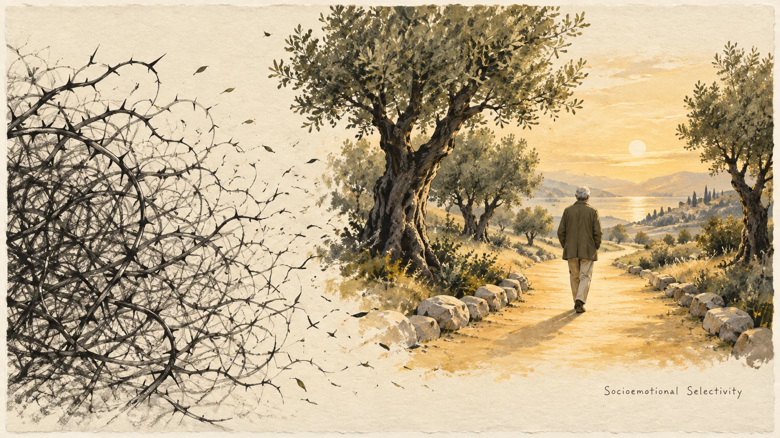 Illustration of an older man walking down a sunlit path lined with olive trees, away from tangled black thorns.