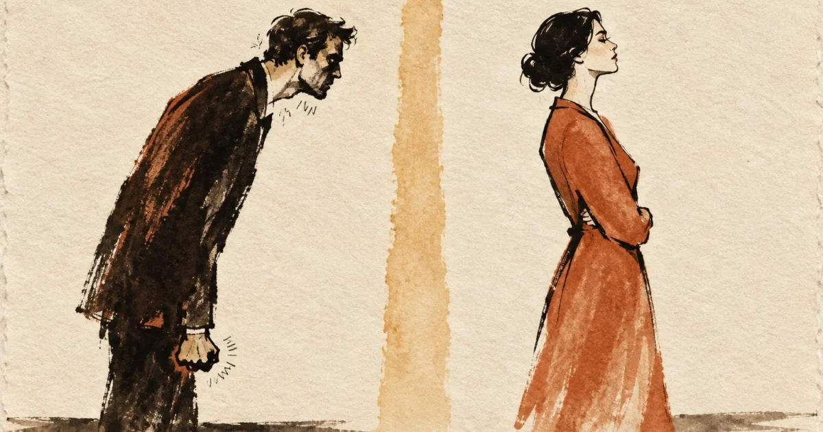 Illustration of a tense man leaning forward with clenched fists next to a woman standing with crossed arms.