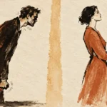 Illustration of a tense man leaning forward with clenched fists next to a woman standing with crossed arms.