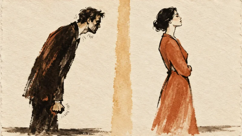 Illustration of a tense man leaning forward with clenched fists next to a woman standing with crossed arms.