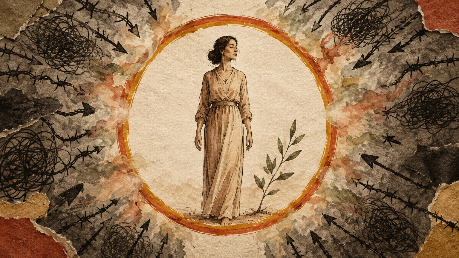 Illustration of a woman standing peacefully inside a circular boundary surrounded by dark arrows and barbed wire.