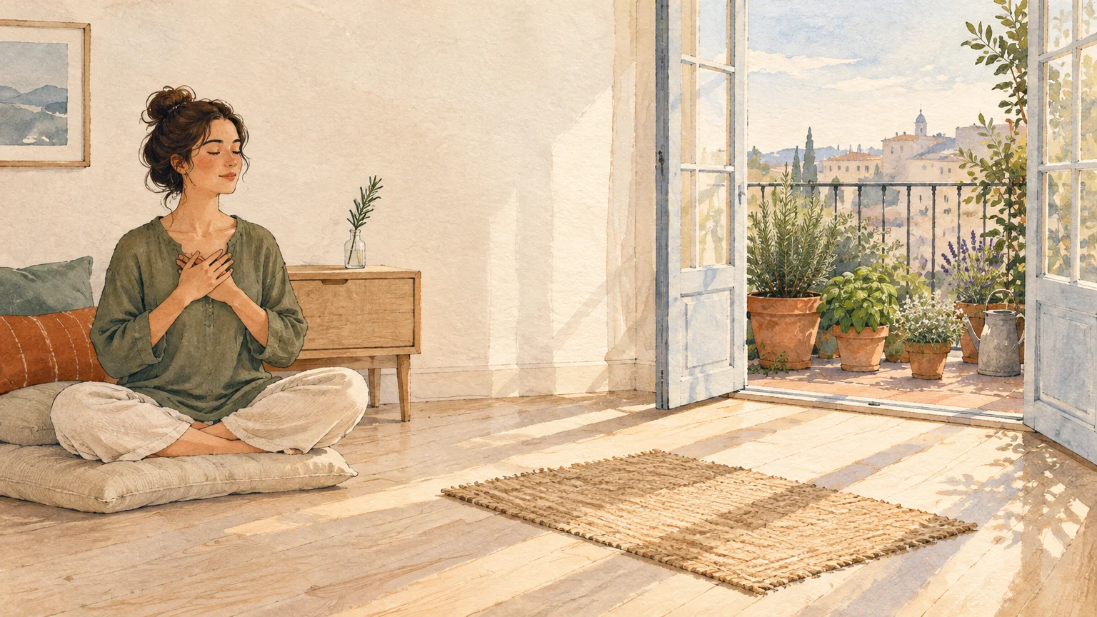 Watercolor illustration of a woman sitting cross-legged on a floor cushion near open balcony doors overlooking a town.