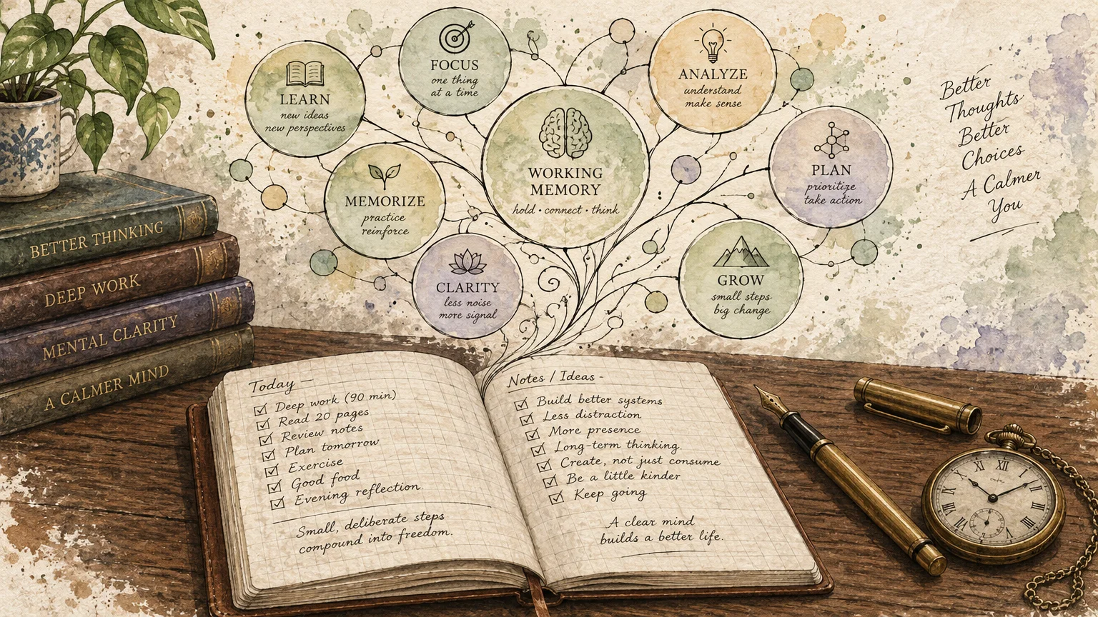 Open notebook with checklists beside a fountain pen, pocket watch, books, and an illustrated diagram of cognitive skills.