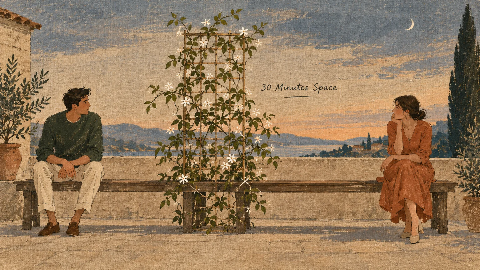 Illustration of a man and woman sitting apart on a long bench separated by a flowering trellis, with the text 30 Minutes Space.