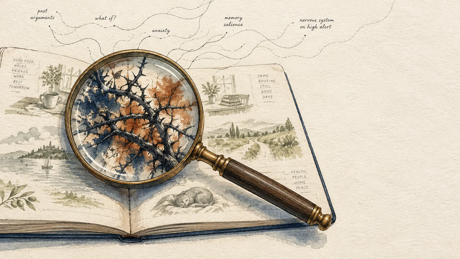 A magnifying glass showing thorny branches rests on an open book filled with peaceful watercolor sketches and notes.