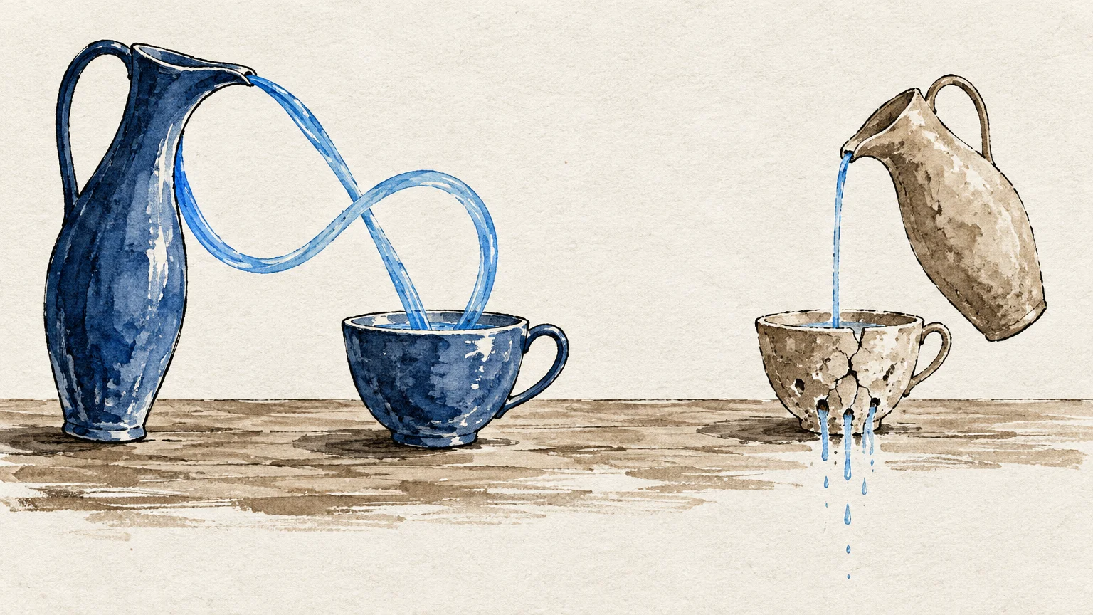 Watercolor painting of a blue pitcher pouring water in a loop into a teacup, beside a jug pouring into a cracked, leaking cup.