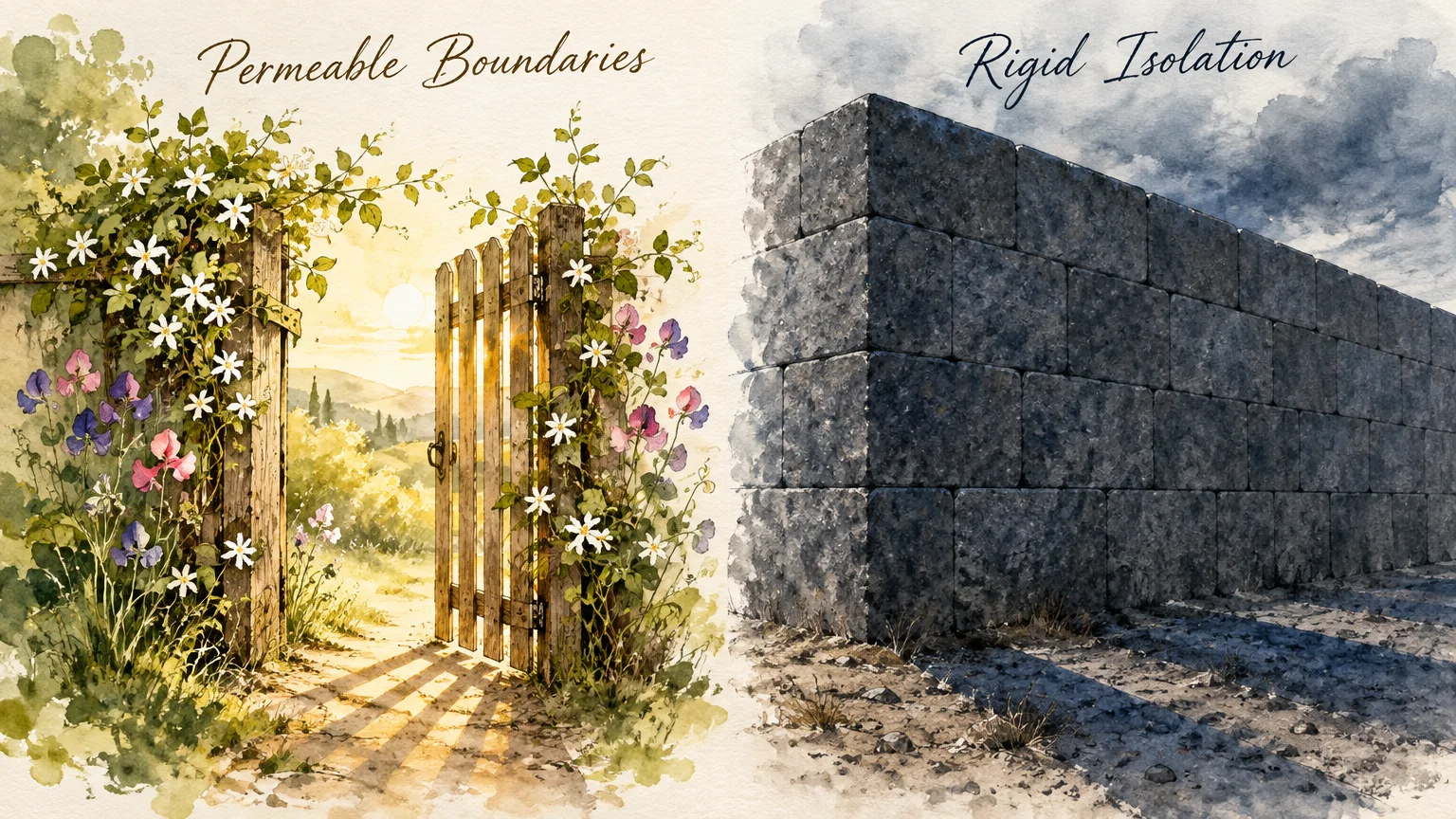 Split watercolor comparing an open, sunlit garden gate with flowers to a stark, dark stone wall under stormy skies.